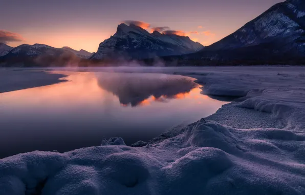Picture winter, forest, snow, mountains, reflection, shore, pond