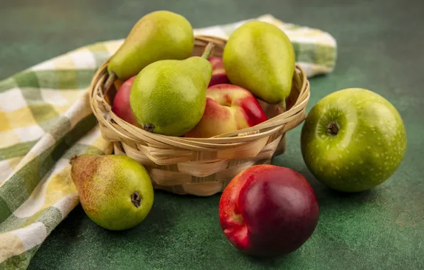 Apple, towel, green, red, bowl, fruit, peaches, network