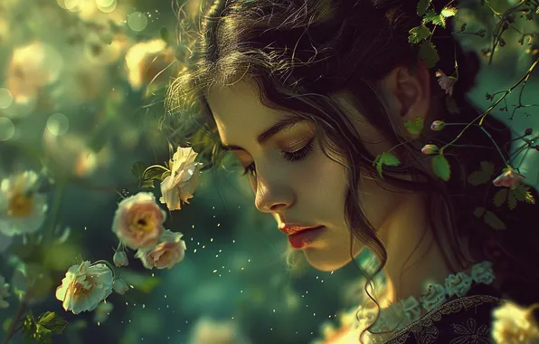 Girl, light, flowers, branches, nature, eyelashes, portrait, spring