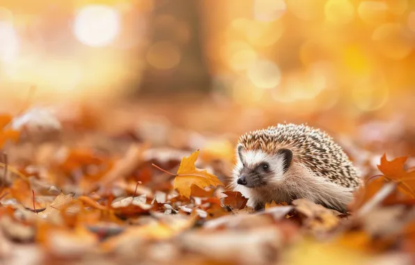 Autumn, leaves, light, nature, glade, foliage, hedgehog, yellow background
