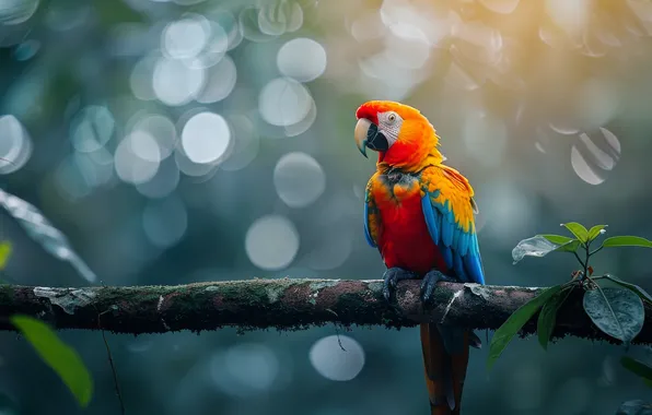 Look, leaves, red, nature, bird, branch, parrot, blue background