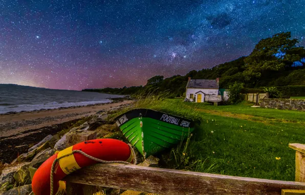 Sea, landscape, night, house, shore, stars, boats, Ireland