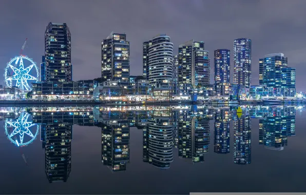 Picture building, Bay, Australia, night city, promenade, skyscrapers, Melbourne, Australia