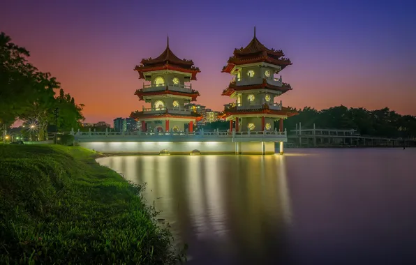 Picture lights, Asia, Singapore, pagoda, Chinese gardens