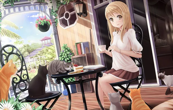 Girl, flowers, smile, house, cats, anime, art, Cup