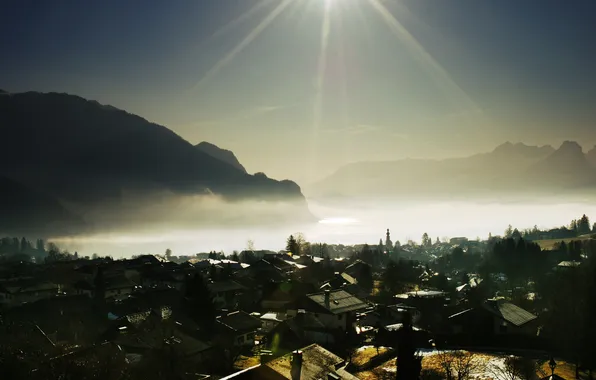 Picture the sun, rays, light, mountains, fog, photo, Wallpaper, home