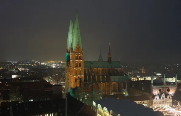 Night, lights, home, Germany, Church, panorama, Lubeck
