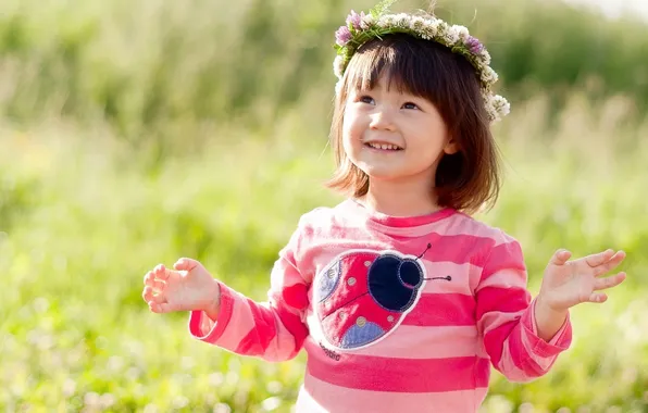 Field, grass, flowers, nature, children, smile, ladybug, eyes