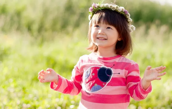 Picture field, grass, flowers, nature, smile, ladybug, child, eyes