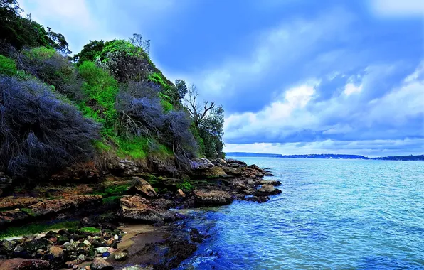 Picture grass, color, clouds, river, stones, rocks, Bank