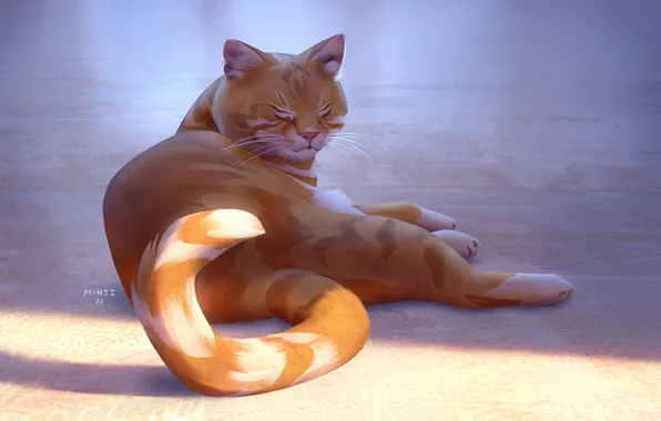 Picture lying on the floor, red cat, he closed his eyes, by Atarts