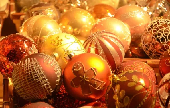 Balls, gold plated, New Year, Christmas decorations