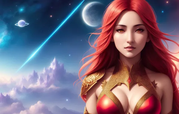 Space, girl, fantasy, red hair, art, digital art, fantasy art, fantasy girl
