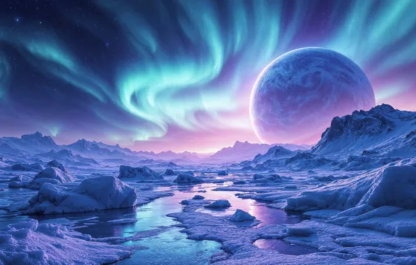 The sky, mountains, planet, Northern lights, fantasy, pond, fantastic landscape, AI art