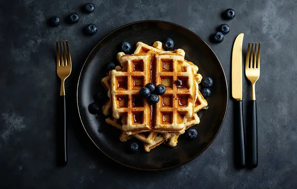 Berries, the dark background, blueberries, plate, knife, waffles, cakes, fork