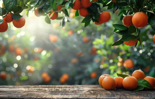 Leaves, light, branches, fog, Board, oranges, morning, garden