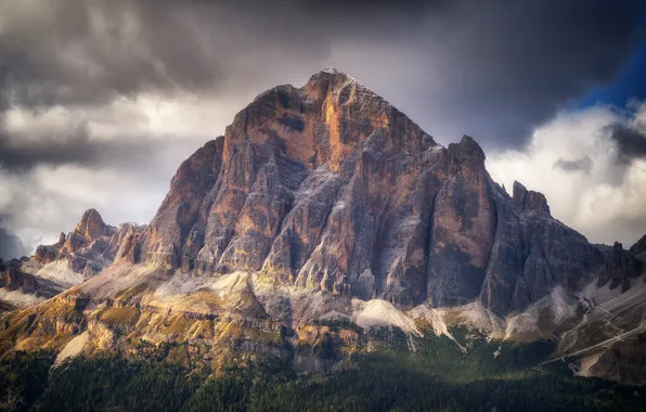Picture forest, the sky, clouds, trees, mountains, clouds, rocks, Dolomites