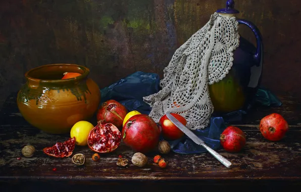 Food, pot, pitcher, fruit, still life, items, lemons, grenades