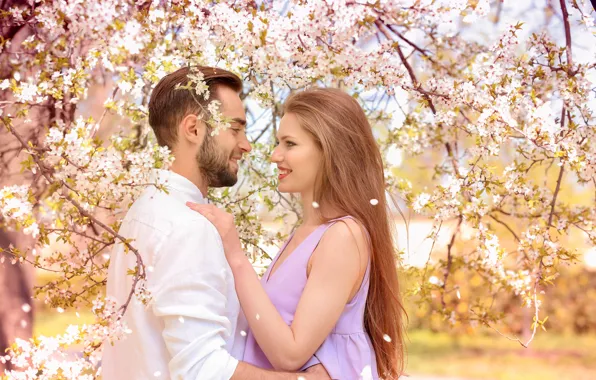 Girl, trees, love, flowers, branches, woman, spring, garden
