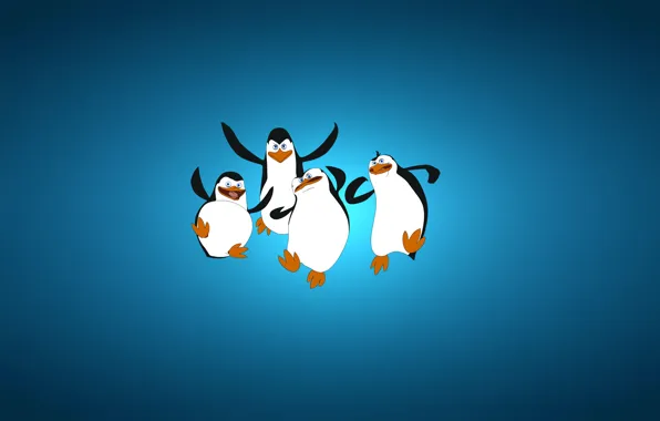Minimalism, blue background, four, The Penguins of Madagascar, The penguins of Madagascar