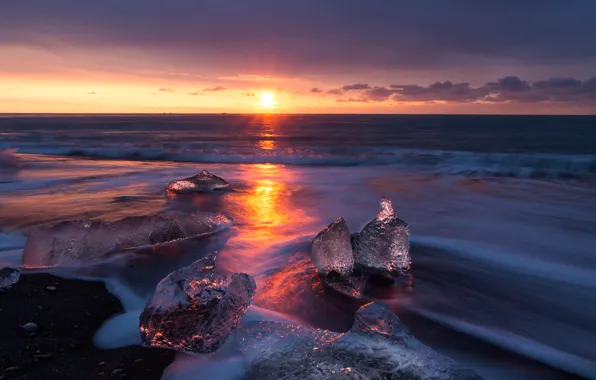 Ice, beach, the sky, the ocean, dawn, horizon