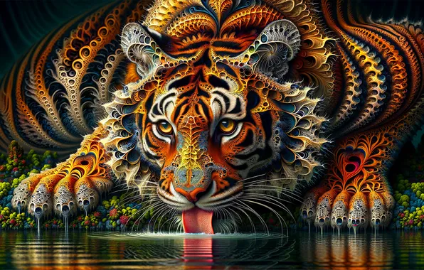 Language, look, face, water, tiger, pose, pattern, shore