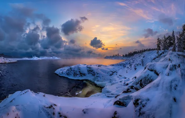 Winter, sunset, river