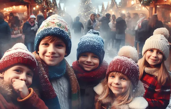 Winter, snow, children, Christmas, New year, company
