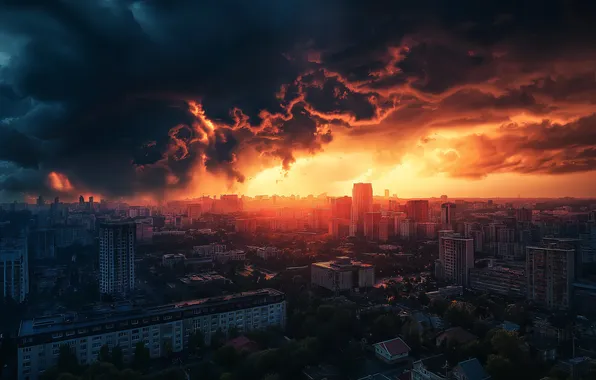 The city, cityscape, storm clouds, apocalyptic, storm clouds, AI art, AI art