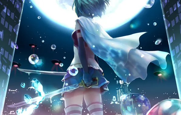 Girl, night, the city, bubbles, weapons, the moon, home, anime