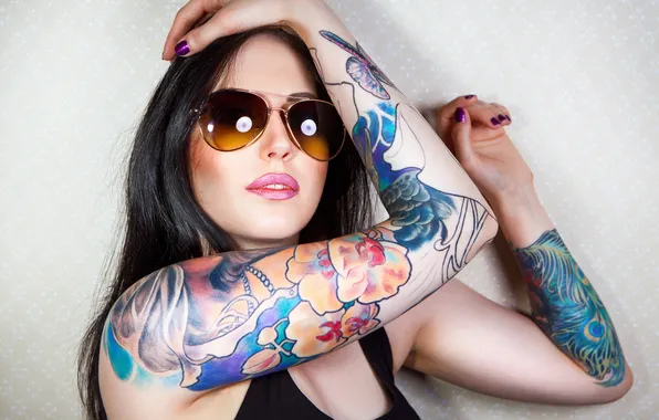 Picture look, girl, tattoo, sunglasses, hair. hands