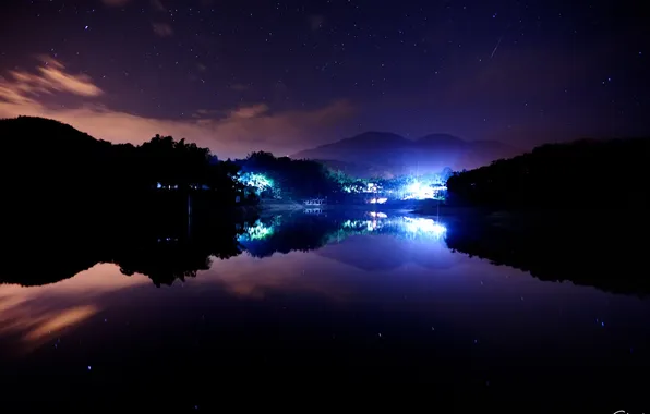 Stars, night, lights, lake, home, town