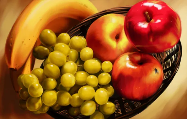 Picture fly, basket, apples, oil, bananas, painting, Vinohrady