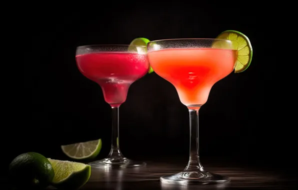 Glasses, cocktail, lime, black background, slices, digital art, AI art, neural network