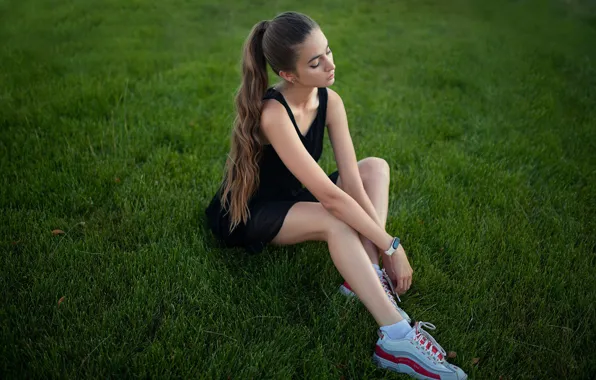 Picture grass, girl, pose, feet, long hair, sneakers, Dmitry Shulgin, Diana Zherdeva