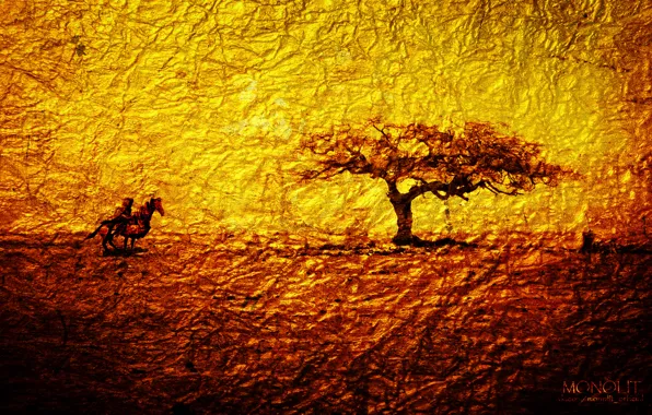 Abstraction, gold, tree, warrior, tree, monolith, warrior, Gold