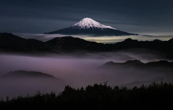 The sky, night, fog, mountain, Japan, mount Fuji, Fuji