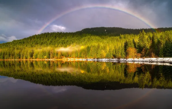 Autumn, forest, the sky, light, lake, reflection, shore, rainbow