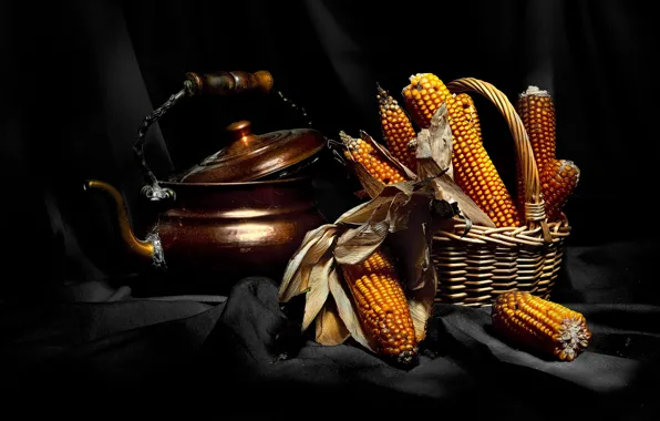 Picture food, corn, kettle, fabric, black background, still life, basket, items
