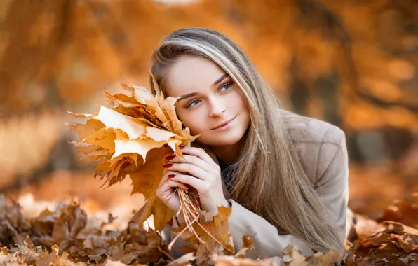 Autumn, leaves, girl, smile, lies, Pauline, Maxim Romanov