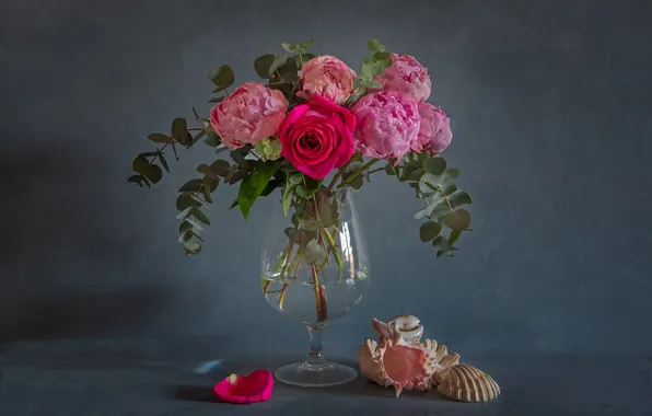 Glass, leaves, flowers, table, pink, glass, rose, bouquet