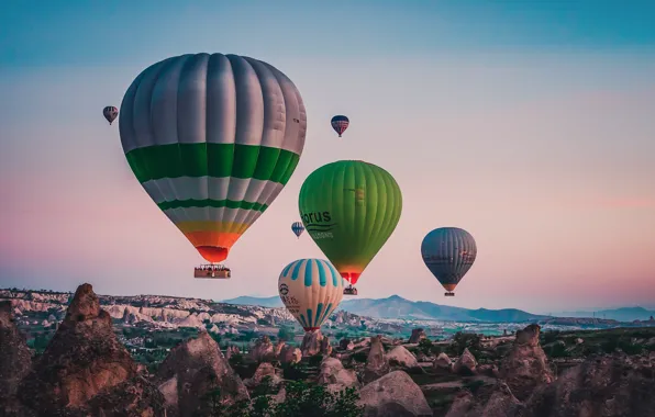 Landscape, mountains, nature, balloons, rocks, Turkey, Cappadocia