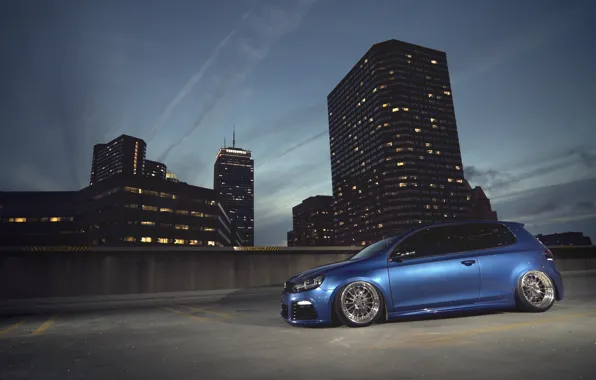 Picture night, blue, the city, home, Volkswagen, Golf R