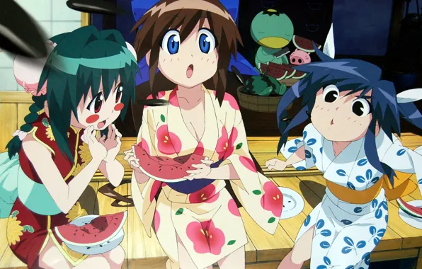 Summer, surprise, watermelon, yukata, manga, green hair, seeds, veranda