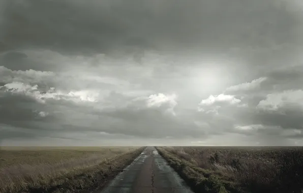 Road, field, clouds