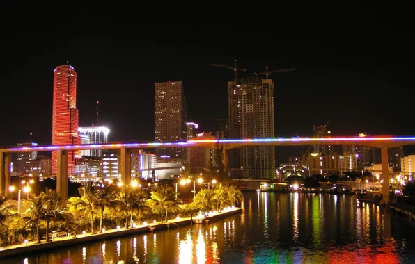 Night, bridge, the city, home, skyscrapers, Palma., Miami, maiami