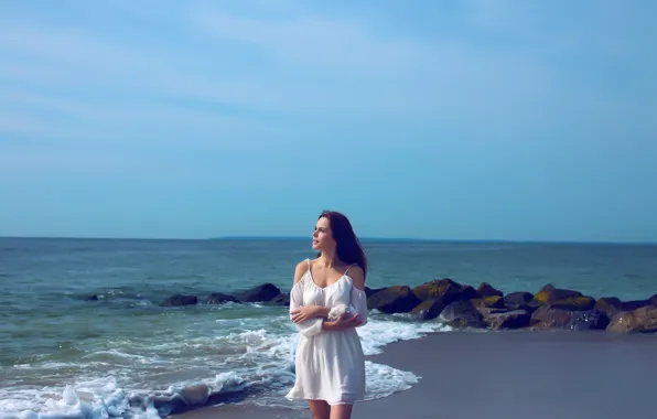 Picture sand, sea, beach, the sky, girl, the sun, stones, makeup