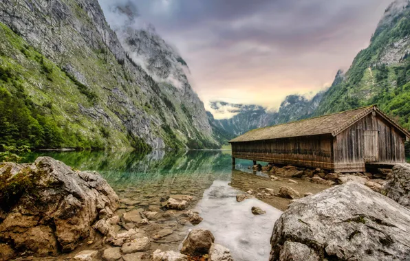 Clouds, mountains, lake, stones, rocks, shore, the slopes, the bottom