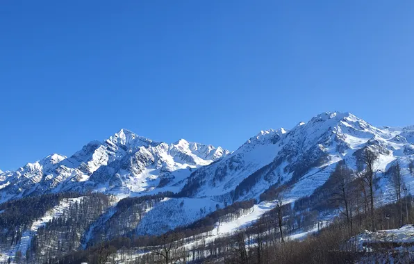 The sky, snow, rocks, Mountains, Sochi, Rosa Khutor, Olympic village, Snowy peaks