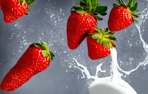 Flight, squirt, berries, milk, cream, strawberry, grey background